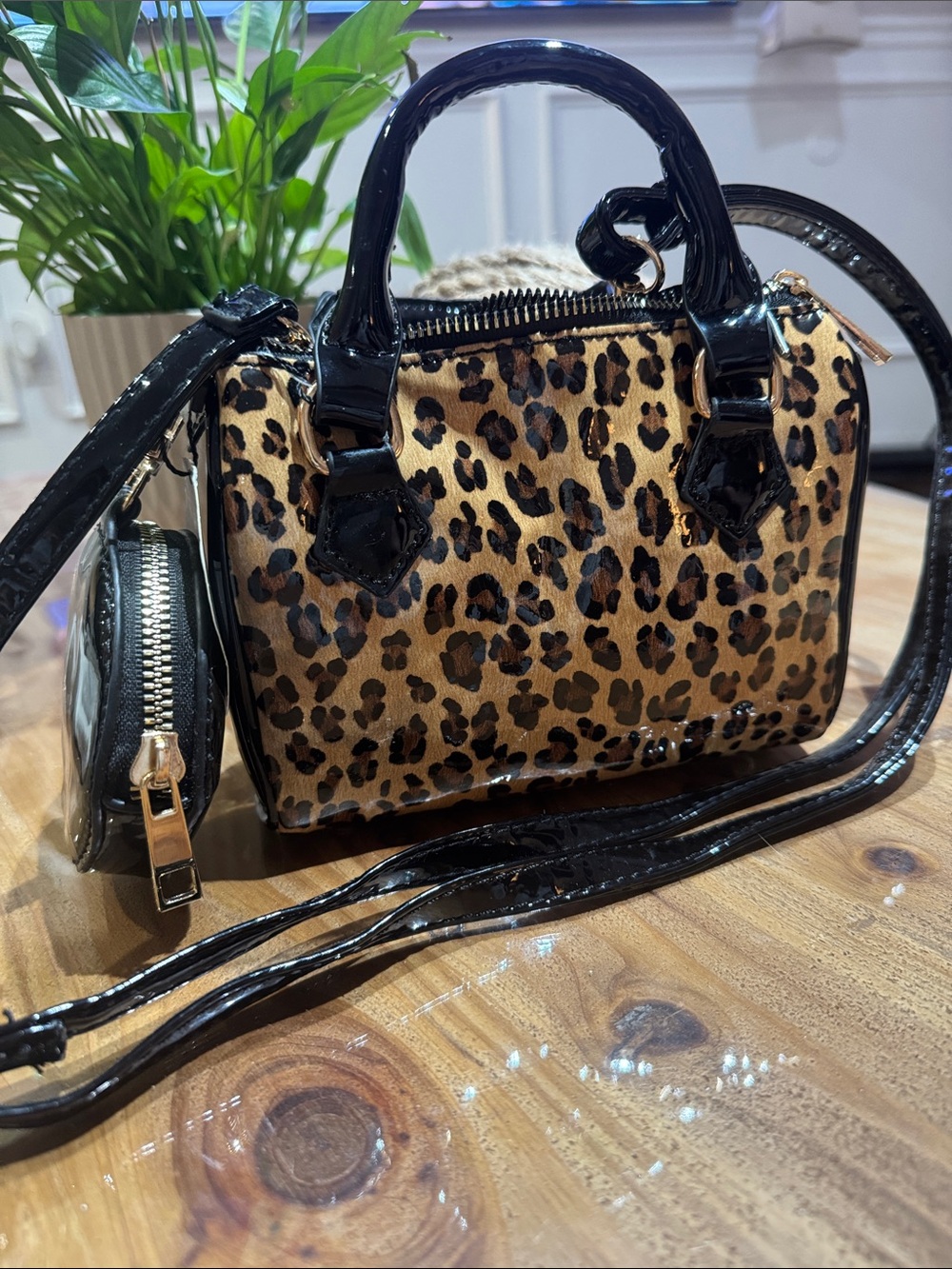 Leopard Print Patent Mini Satchel Bag with Black Trim